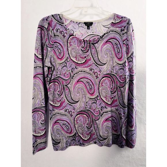 Talbots Merino Wool Sweater Women's Sz SP Purple Paisley long sleeve popover Top - Picture 7 of 9